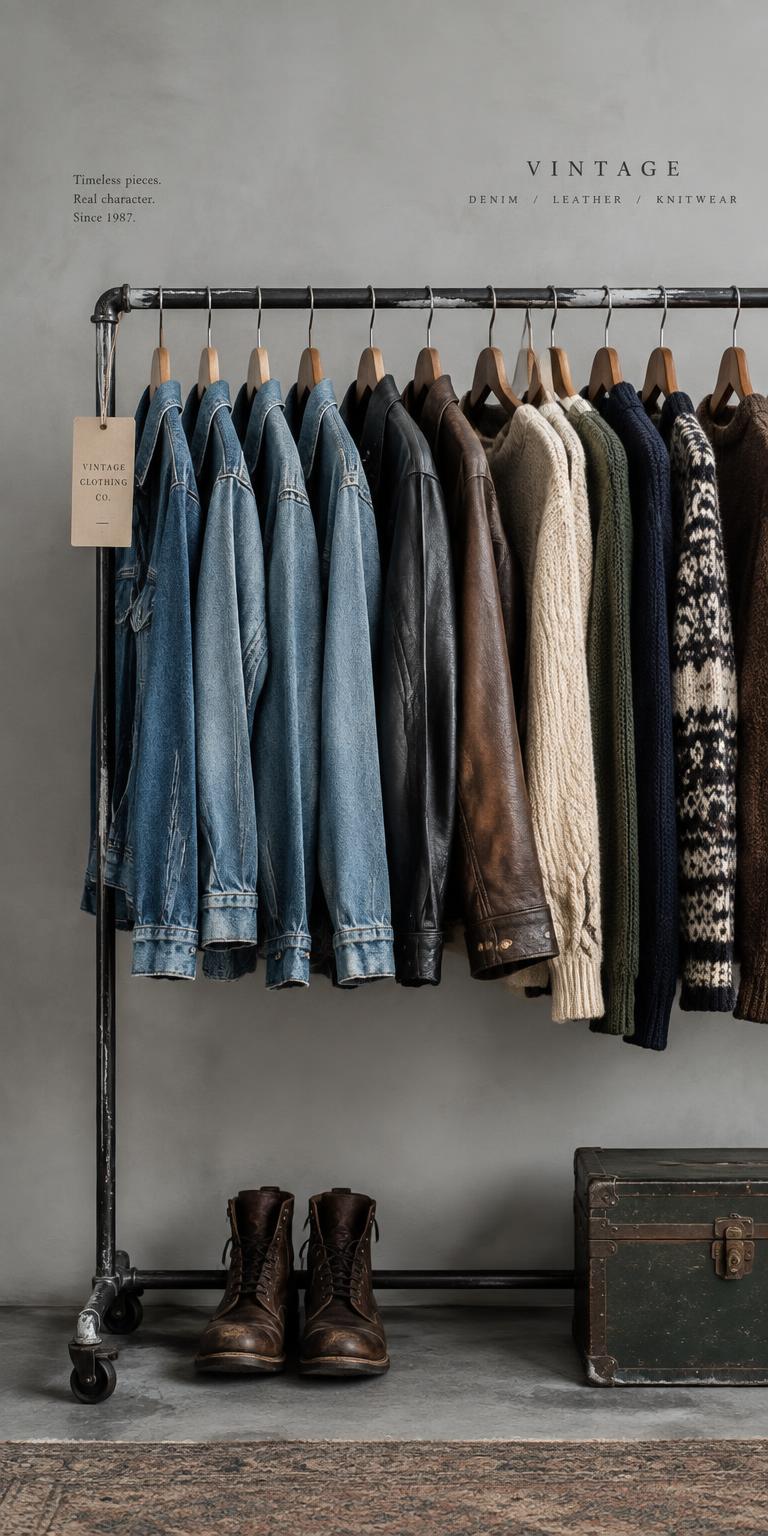 Rack of vintage denim, leather and knitwear